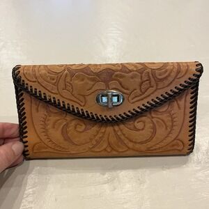 Hand Tooled Floral Leather Wallet With Black Lacing